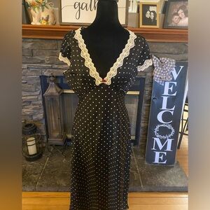 Vintage Coquette Inspired Black Polka Dot Midi Dress with Cream Lace Trim